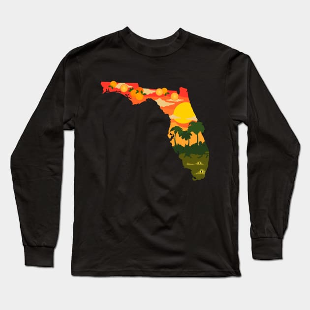 Florida USA illustration featuring oranges and alligators in the Everglades Long Sleeve T-Shirt by keeplooping